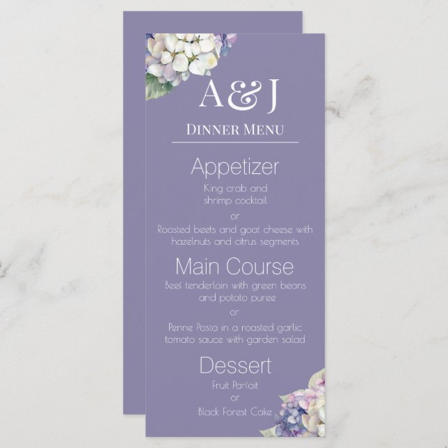 Monogram Lila & White Hydrangeas auf Lavender Menükarte (Vorne/Hinten)