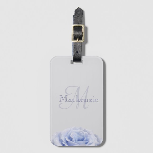 Monogram Lilac Blue Rose Floral Grau Individuelle  Gepäckanhänger (Vorderseite Vertikal)