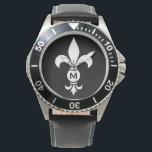 Monogram-Lilie Modernes Einfaches Schwarzweiß Armbanduhr<br><div class="desc">Lilie Monogram Men's Water Resistant Watch - Stainless Steel and Leather - Personalisieren Sie Ihre erste oder löschen Sie, wenn gewünscht. Die Fleur-de-lis oder Flour-de-lys ist eine stilisierte Lilie, Iris oder Lotus Blume und ein traditionelles Symbol des Königtums. Stilvolles Schwarz-Weiß modernes Design mit personalisiertem Initial ist raffiniert, elegant und elegant....</div>