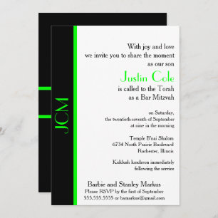 Monogram Lime Green Black Bar Mitzvah Einladung