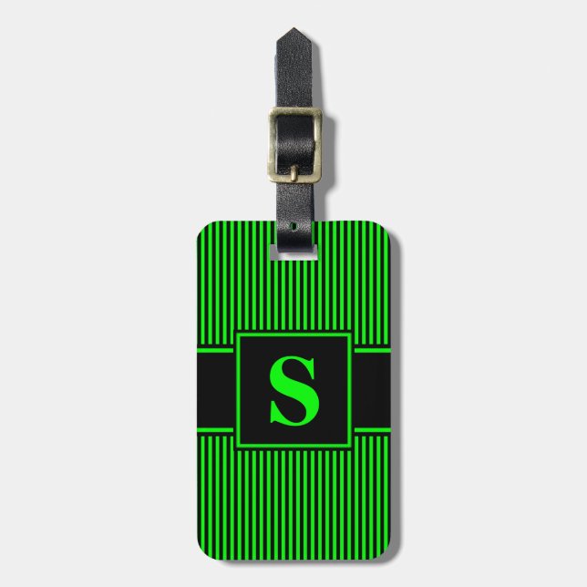 Monogram Lime Green Black Pinstrick Gepäckanhänger (Vorderseite vertikal)