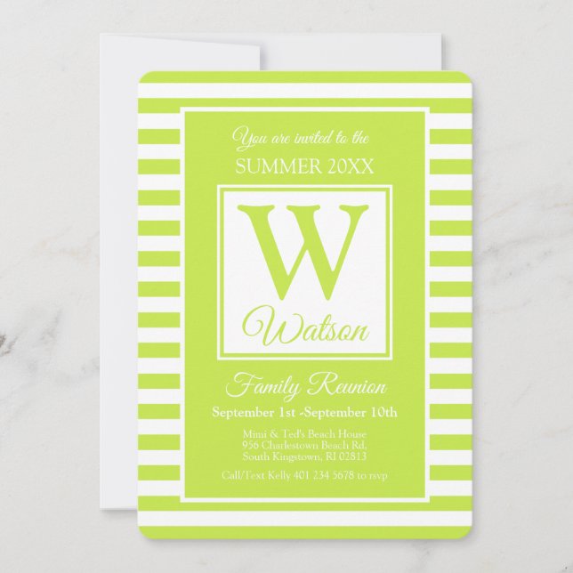 Monogram Lime Green Strips Summer Family Wiederseh Einladung (Vorderseite)