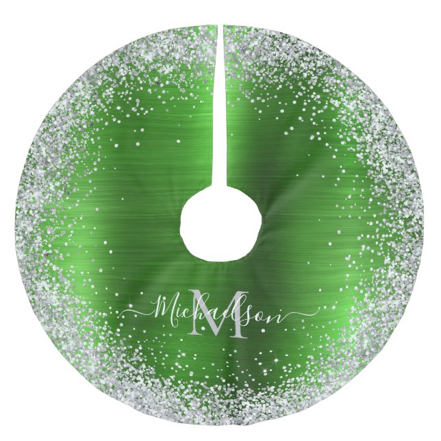 Monogram Limegrün Silber Glitter Girly Glam Polyester Weihnachtsbaumdecke (Vorderseite)