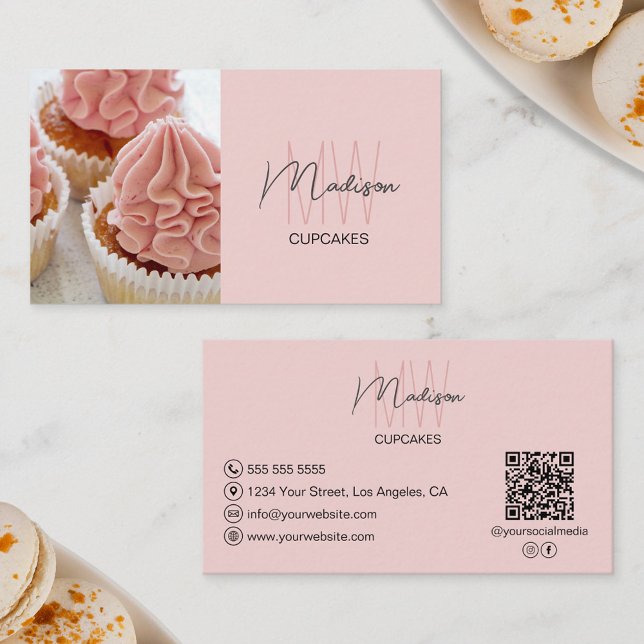 Monogram Logo Bakery Foto QR Pink Visitenkarte (Monogram Logo Bakery Photo QR Pink Business Card)