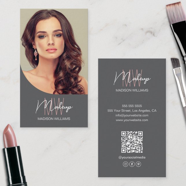 Monogram Logo Foto Makeup Artist Grau Visitenkarte (Monogram Logo Photo Makeup Artist Gray Business Card)