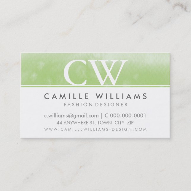 MONOGRAM LOGO whimsical ombre Aquarell grün Visitenkarte (Vorderseite)