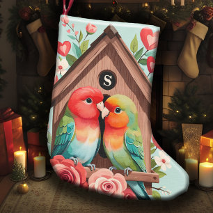 Monogram Lovebird Couple Birdhouse & Heart Pastel Kleiner Weihnachtsstrumpf