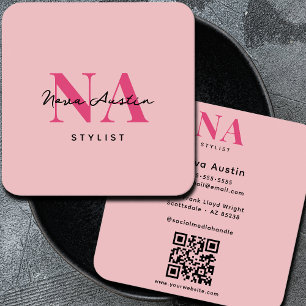 Monogram Luxe Trendy Aesthetic Hot Pink QR Code Quadratische Visitenkarte