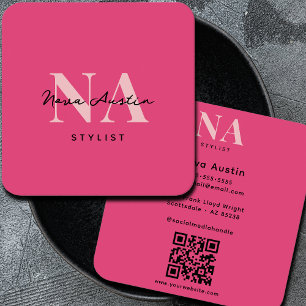Monogram Luxe Trendy Ästhetisches Hot Pink QR-Code Quadratische Visitenkarte