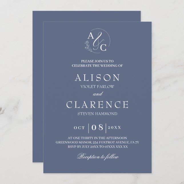 Monogram Luxury Blue Wedding Einladung (Vorne/Hinten)