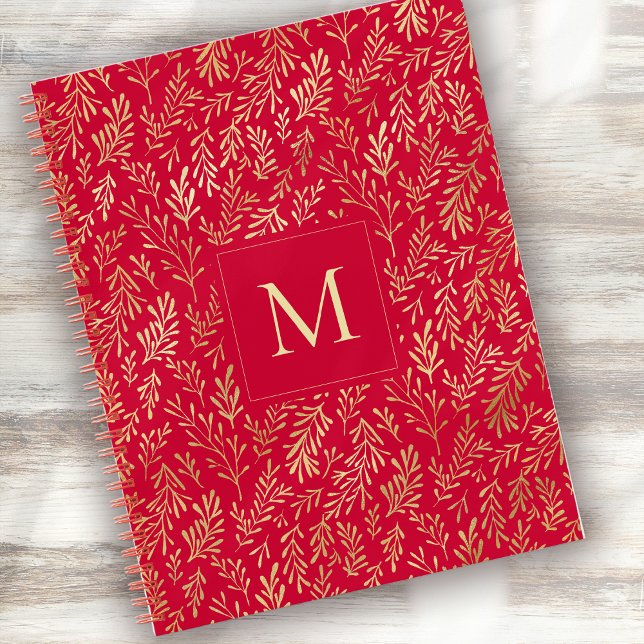 Monogram Luxus Rotgold-Blattmuster Festlich Notizbuch (Von Creator hochgeladen)