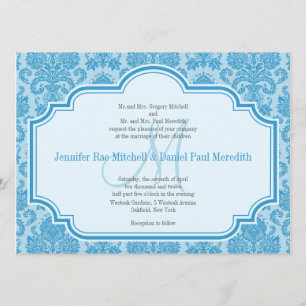 Monogram M Blue Damask Hochzeitseinladungen Einladung