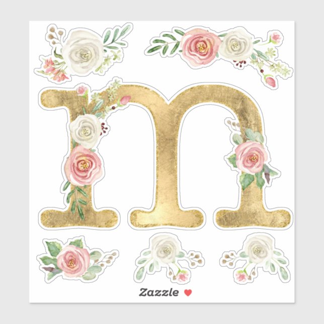 Monogram M Blush White Rose Floral Aquarell Aufkleber (Blatt)