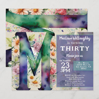 Monogram M Colorful Watercolor Flowers Birthday  Einladung