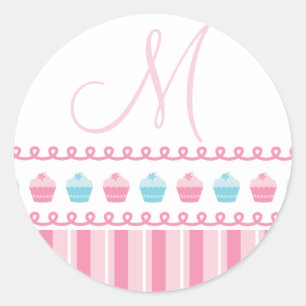 Monogram M Cupcakes Pinstripes Pink Blue Aufkleber