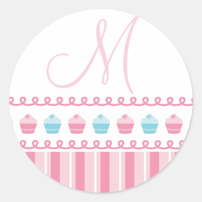 Monogram M Cupcakes Pinstripes Pink Blue Aufkleber (Vorderseite)
