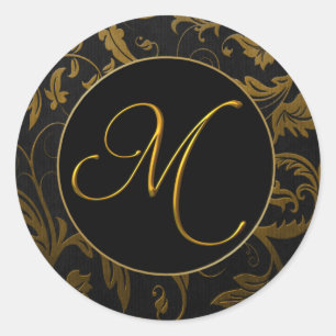 Monogram M Gold and Black Damask Wedding Siegel Runder Aufkleber