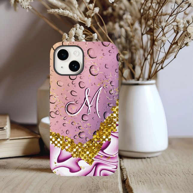Monogram M Gold Glitzer Pink Fantasy Rain Drops Case-Mate iPhone Hülle (Von Creator hochgeladen)