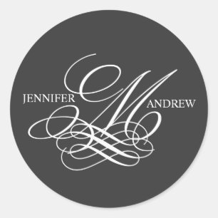Monogram-M-Logo-Namen Hochzeitskleber-Kohle Runder Aufkleber