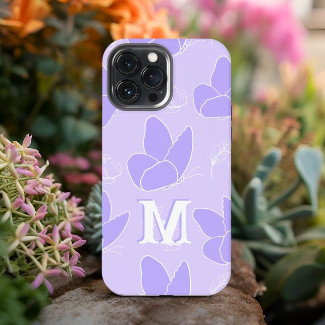 Monogram M Modern Blue Lilac Butterfly Pattern iPhone Hülle (Von Creator hochgeladen)