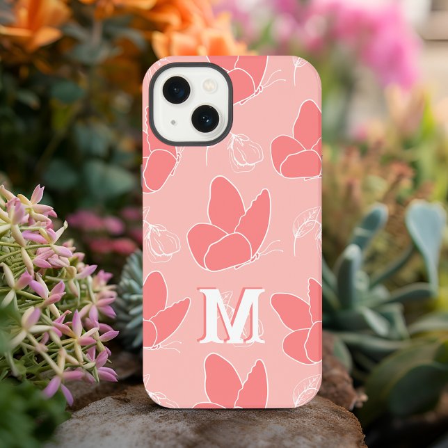 Monogram M Modern Coral Pink Butterfly Pattern iPhone Hülle (Von Creator hochgeladen)