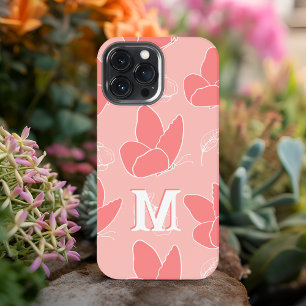 Monogram M Modern Coral Pink Butterfly Pattern iPhone 13 Pro Max Hülle