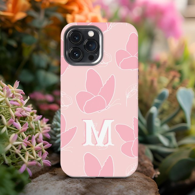 Monogram M Modernes Blush & Pink Butterfly Muster iPhone Hülle (Von Creator hochgeladen)