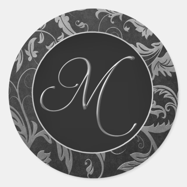 Monogram M Silver and Black Damask Wedding Siegel Runder Aufkleber (Vorderseite)