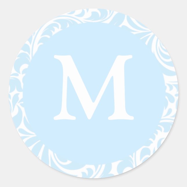 Monogram M Sky Blau- und Weißkleber für Hochzeiten Runder Aufkleber (Vorderseite)