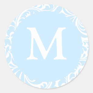 Monogram M Sky Blau- und Weißkleber für Hochzeiten Runder Aufkleber