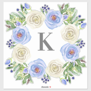 Monogram M Wedblue n White Rose Floral Wreath Aufkleber