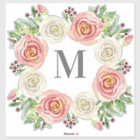Monogram M Wedding Watercolor Rose Floral Wreath