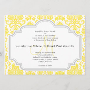Monogram M Yellow Damask Hochzeitseinladungen Einladung