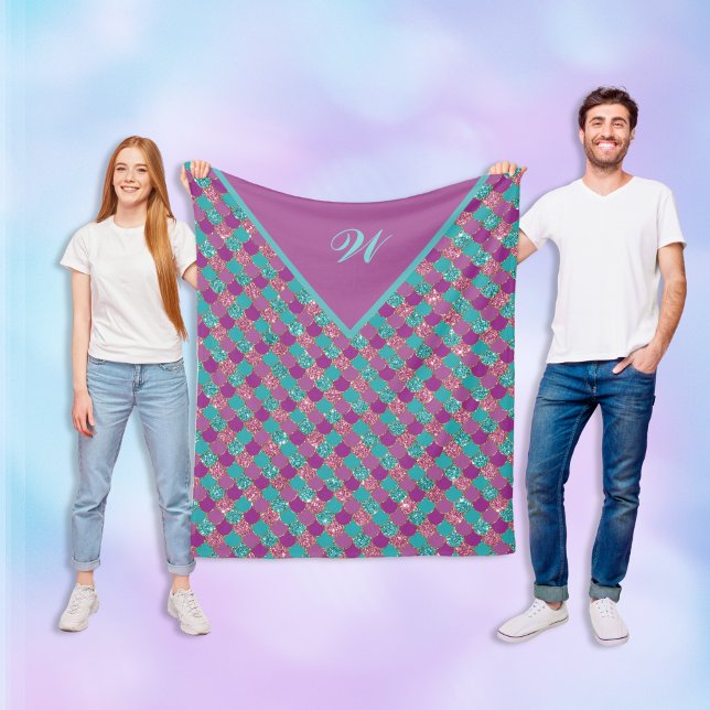 Monogram Magenta Lila Pink Aquamarine Meerjungensk Fleecedecke (Von Creator hochgeladen)