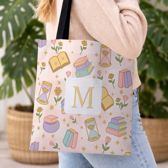 Monogram Magic Books Tote Bag Girly Pink Tragetaschen Mit Langen Trägern (Von Creator hochgeladen)