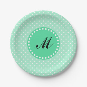 Monogram Magic Mint and White Polka Dot Pappteller