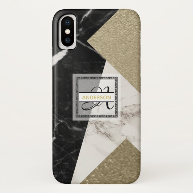 Monogram Marble Black Gray Gold Glitzer Geometric Case-Mate iPhone Hülle (Rückseite)