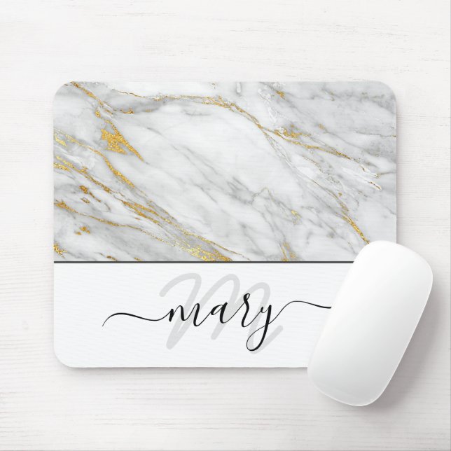 Monogram Marble Gold Grau White Abstrakt Mousepad (Mit Mouse)