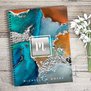 Monogram marble watercolor silver Turquoise Notizbuch