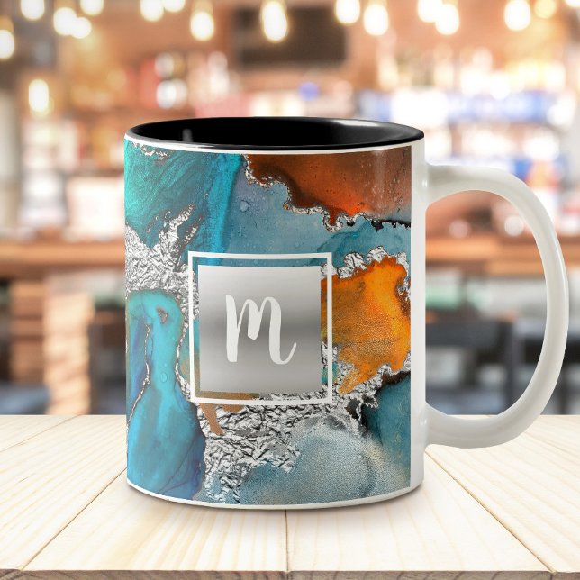Monogram marble watercolor silver Turquoise Zweifarbige Tasse (Von Creator hochgeladen)