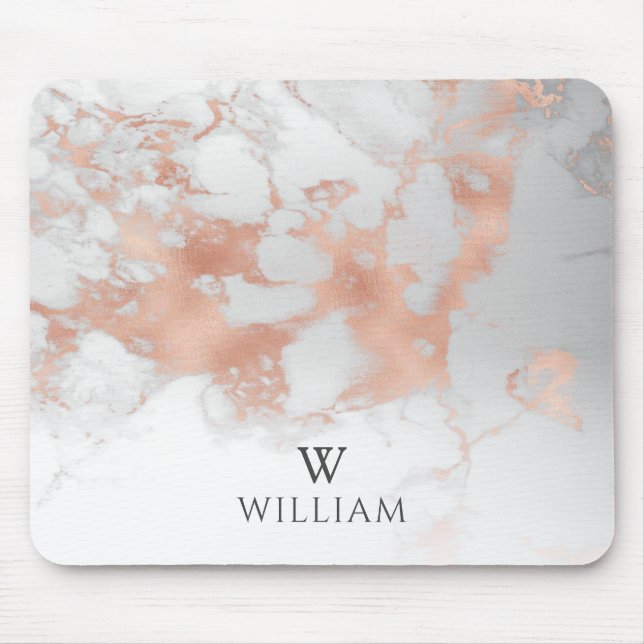 Monogram Marble White Rose Gold Elegante Moderne Mousepad (Vorne)