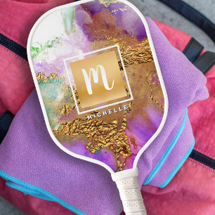 Monogram Marbor Watercolor Gold Foil Lila rosa Pickleball Schläger
