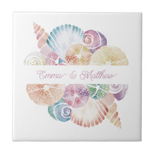 Monogram Marine Watercolor Muscheln Hochzeitslogo Fliese