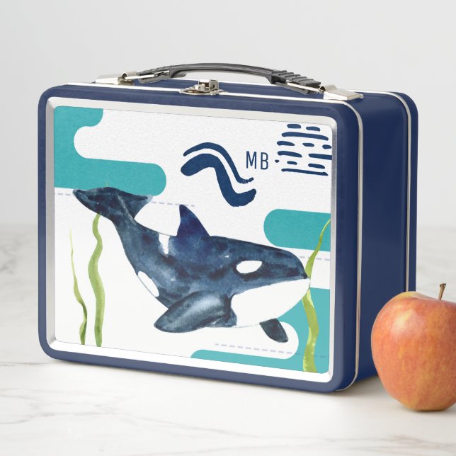 Monogram Marine Watercolor Orca Personalisiert Metall Brotdose (Beispiel)