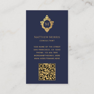Monogram Marineblau Vintage Fauxgold Wappen QR Cod Visitenkarte