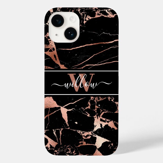 Monogram-Marmormuster Rose Gold Black Case-Mate iPhone Hülle (Rückseite)