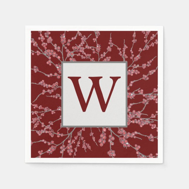 Monogram Maroon Berry Burst Aquarellfolien Serviette (Vorderseite)
