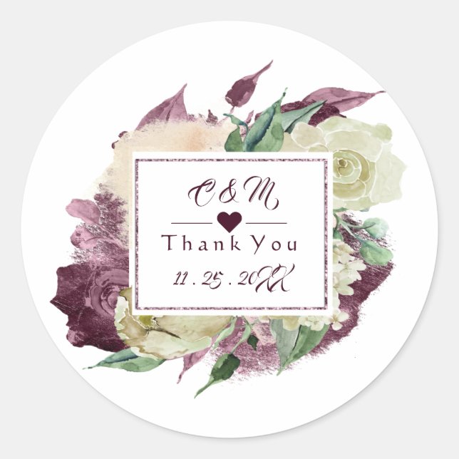 Monogram Marsala Burgund Gastgeschenk Hochzeit Flo Runder Aufkleber (Vorderseite)
