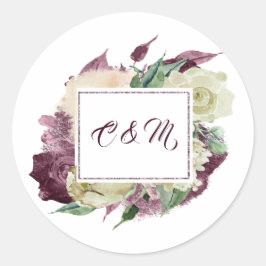 Monogram Marsala Burgundy Ivory Mint White Roses Runder Aufkleber