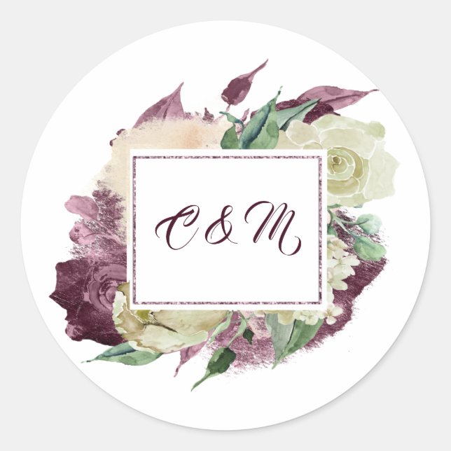 Monogram Marsala Burgundy Ivory Mint White Roses Runder Aufkleber (Vorderseite)